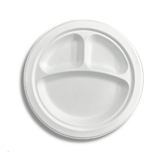 10-Inch Sugarcane Fiber Round Plate, 3-Compartment - 500 Pcs