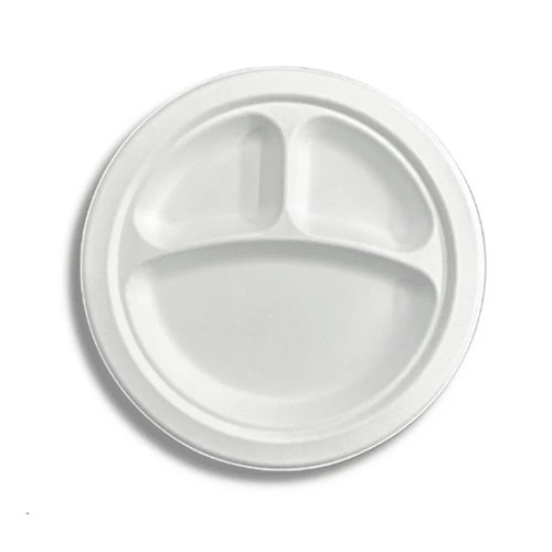 10-Inch Sugarcane Fiber Round Plate, 3-Compartment - 500 Pcs