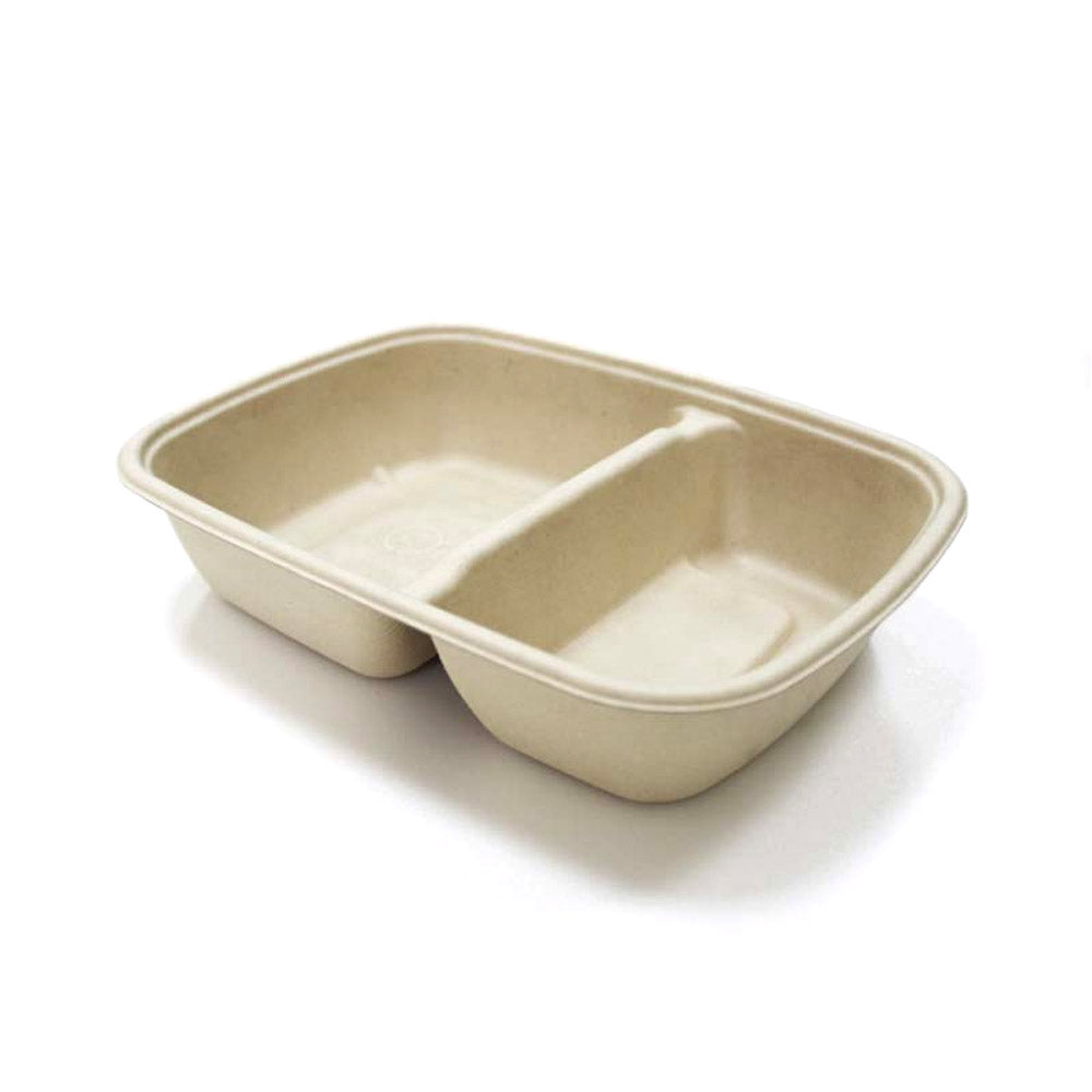 30 oz Sugarcane Fiber Rectangular Container, 2-Compartment - Base Only - 300 Pcs