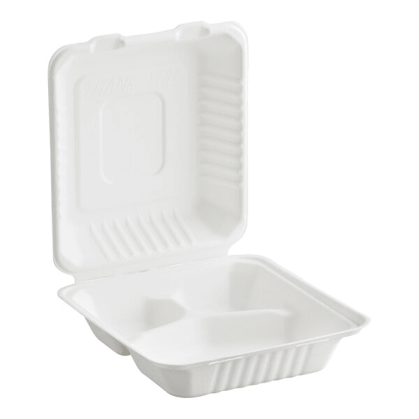 8x8-Inch Sugarcane Fiber Clamshell, 3-Compartment - 200 Pcs