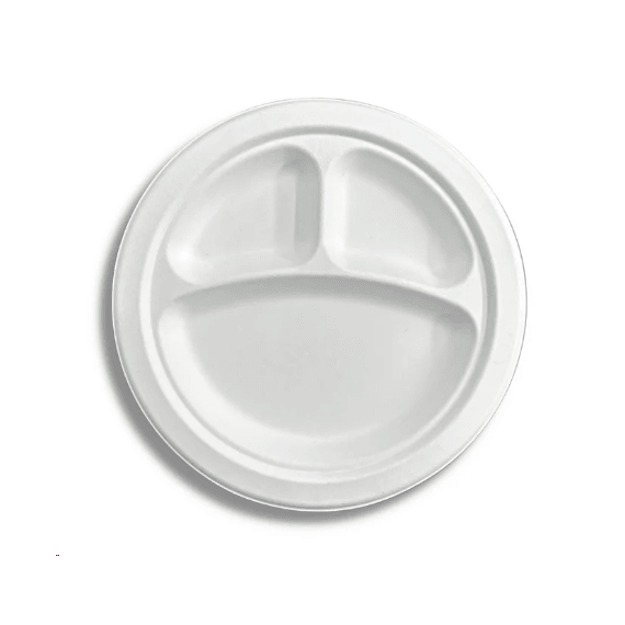 9-Inch Sugarcane Fiber Round Plate, 3-Compartment - 500 Pcs