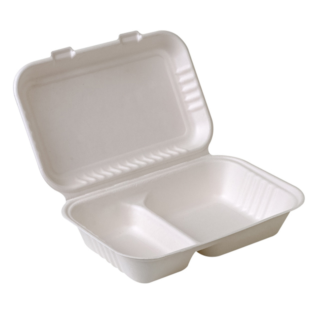 9x6-Inch Sugarcane Fiber Clamshell, 2-Compartment - 250 Pcs