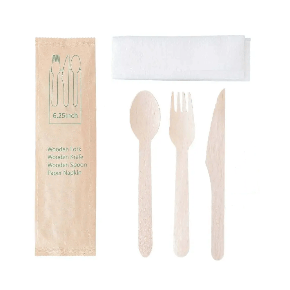 Wooden Compostable Cutlery Set, 6.25-Inch (Fork, Spoon, Knife, Napkin) - 500 Pcs